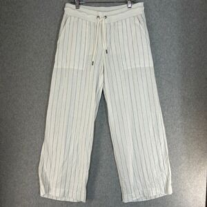 Athleta White Gray Stripe Bali Linen Crop Wide Leg Pants Coastal Size‎ 4 Tall
